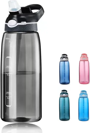 32oz Black Water Bottle With Straw, BPA FREE Clear Bottle With Handle One Hand Use Easy Carried, Flip Up, Suit School, Office, Gym, Office For Women Men
