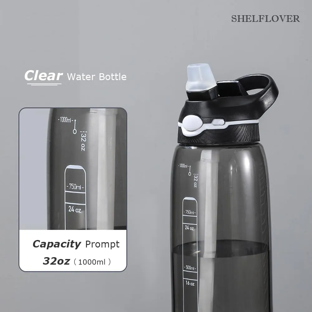 32oz Black Water Bottle With Straw, BPA FREE Clear Bottle With Handle One Hand Use Easy Carried, Flip Up, Suit School, Office, Gym, Office For Women Men