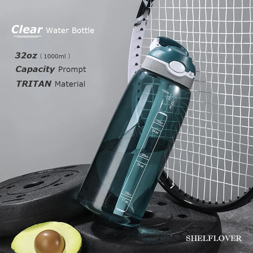 32oz Dark Cyan Water Bottle With Straw, BPA FREE Clear Bottle With Handle One Hand Use Easy Carried, Flip Up, Suit School, Office, Gym, Office For Men Women