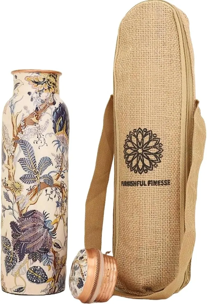 34 Oz Copper Water Bottle For Drinking 1000 ml Pure Copper Bottles with Canvas Carry Bag, for Sports, Yoga, Gym, Office, Hiking Ayurvedic Vessels - Pack of 2, Floral White