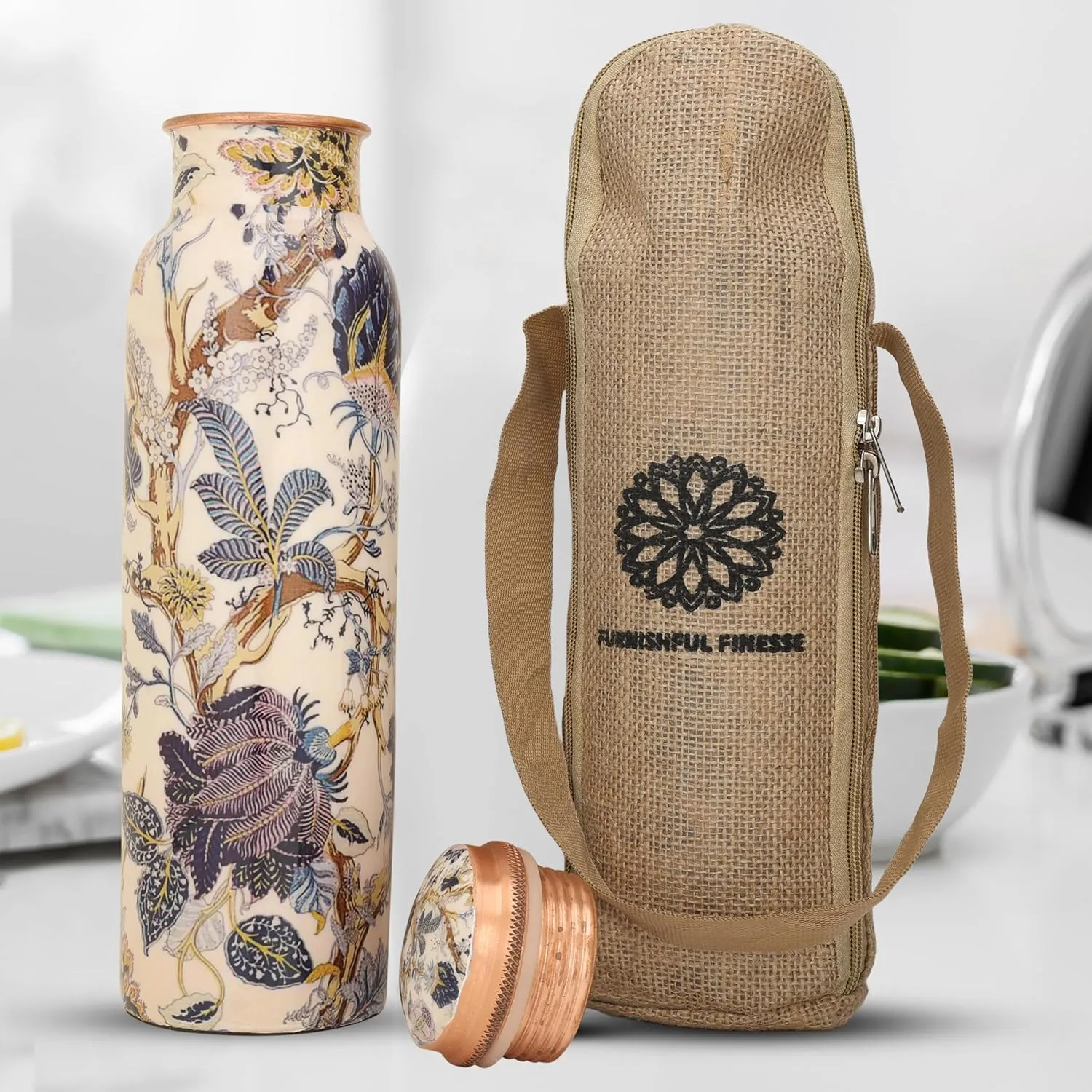 34 Oz Copper Water Bottle For Drinking 1000 ml Pure Copper Bottles with Canvas Carry Bag, for Sports, Yoga, Gym, Office, Hiking Ayurvedic Vessels - Pack of 2, Floral White