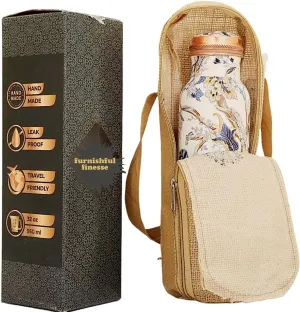 34 Oz Copper Water Bottle For Drinking 1000 ml Pure Copper Bottles with Canvas Carry Bag, for Sports, Yoga, Gym, Office, Hiking Ayurvedic Vessels - Pack of 2, Floral White