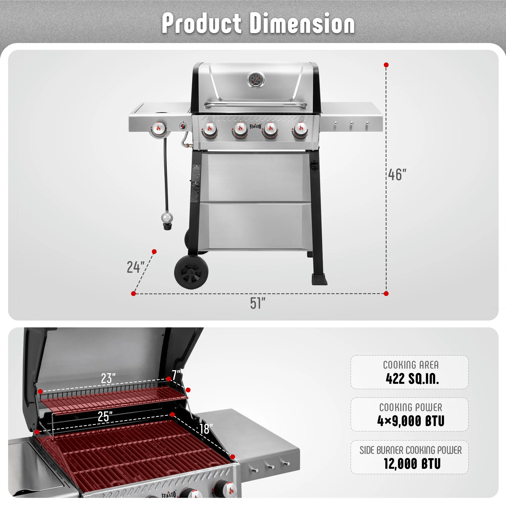 4-Burner Propane Gas Grill with Side Burner and Porcelain-Enamel Cast Iron Grates for Patio Garden Barbecue,48000 BTU Outdoor Grill for Outdoor Cooking, Silver