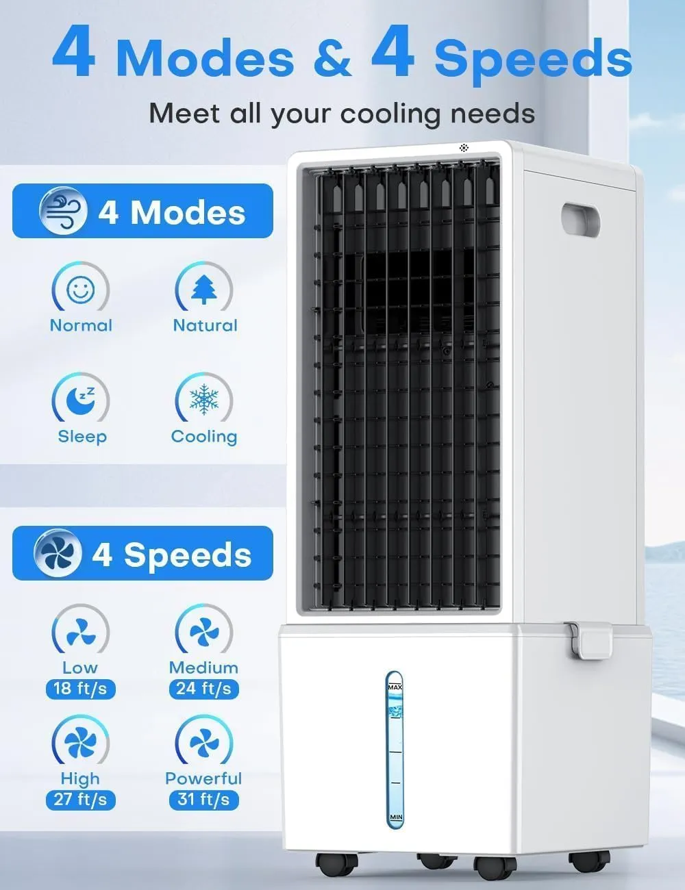 4-IN-1 Portable Air Conditioners w/3.2-Gal Tank for 24H Cooling, 4 Wind Speeds & 4 Modes, LED Touch Screen, Waterless Alert System & 12H Timer, Remote, Windowless Air Conditioner for Bedroom