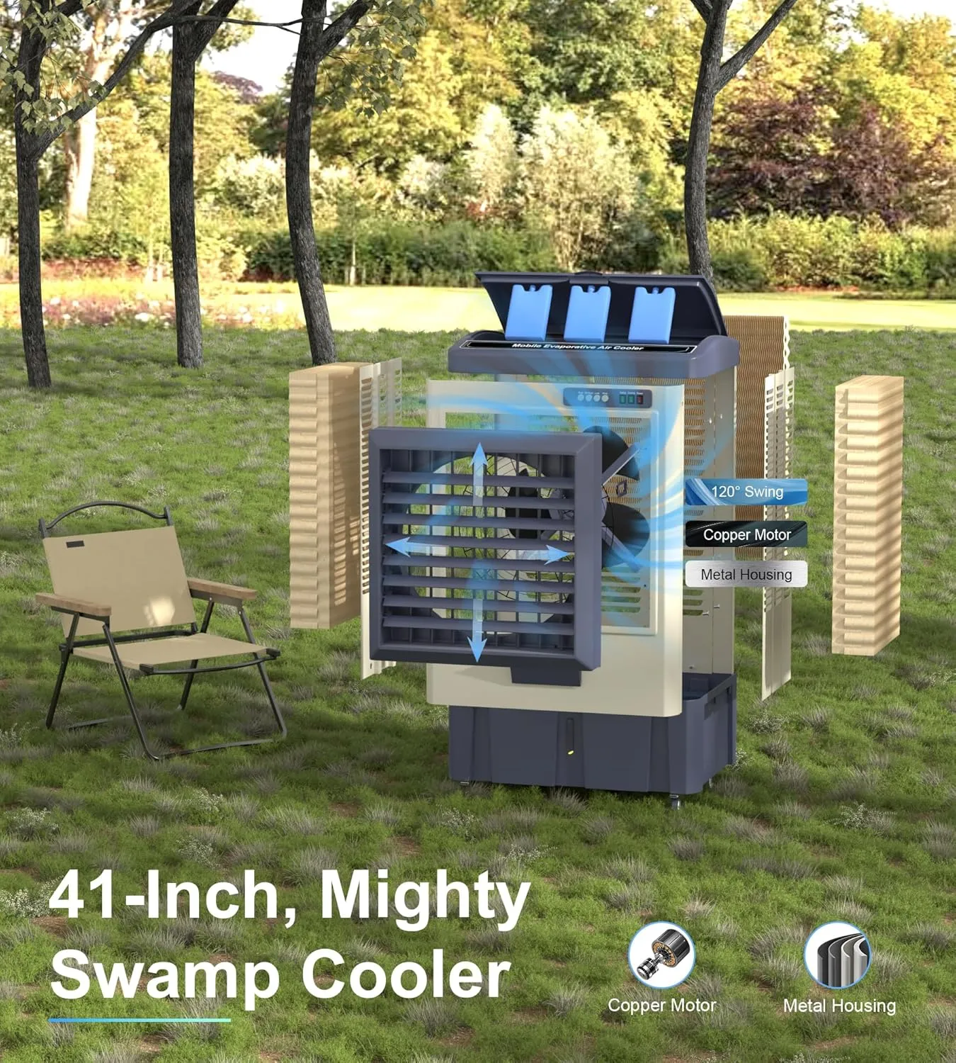 41-Inch Swamp Cooler, 4800CFM Industry Evaporative Cooler, 3 Speeds, 120° Swing, 10.6 Gal Water Tank, 3 Ice Packs,Outdoor Evaporative Air Cooler for Patio, Yard, Porch, Factory