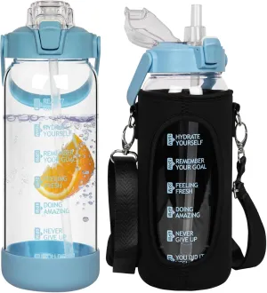 48 oz Glass Water Bottle with Straw and Time Marker, Large Motivational Borosilicate Glass Drinking Bottle with Silicone Boot and Sleeve