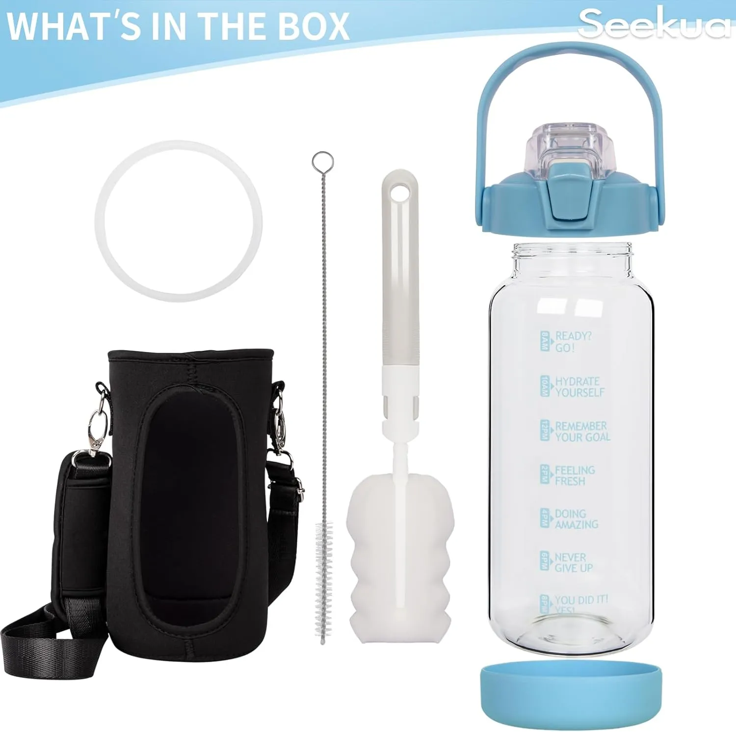48 oz Glass Water Bottle with Straw and Time Marker, Large Motivational Borosilicate Glass Drinking Bottle with Silicone Boot and Sleeve