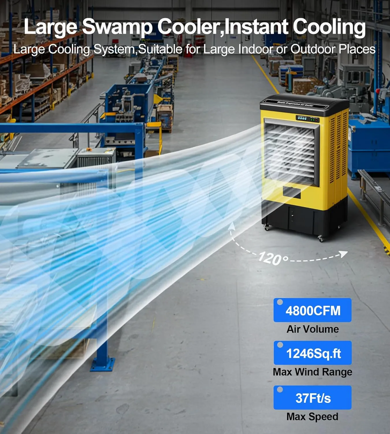 4800CFM Swamp Cooler, Evaporative Air Cooler with Continuous Auto Fill,10.6-Gal Water Tank,3 Ice Packs,Portable Evaporative Cooler for Outdoor Patio Garage Commercial Industrial Use,42IN
