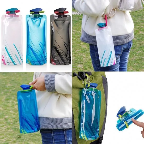 4pcs 0.7L Reusable Portable Collapsible Water Bottle Kettle with Clip for Biking Hiking Travel - Color Random