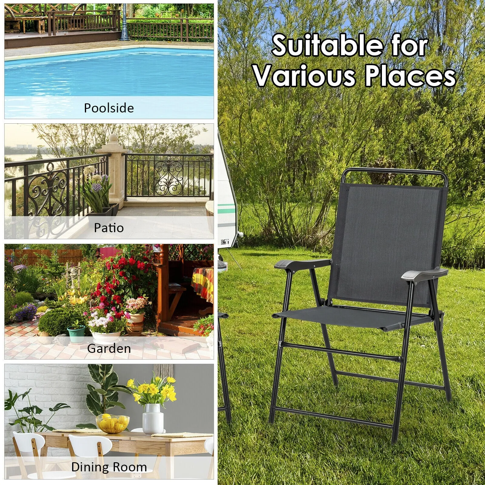 4Pcs Portable Outdoor Camping Lawn Garden Patio Folding Chair with Armrest