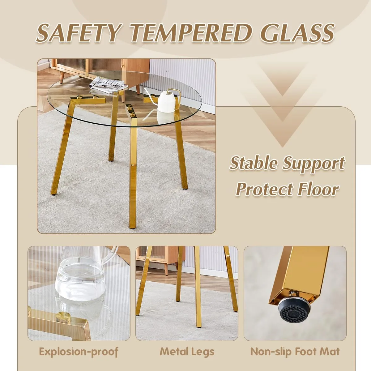 5-Piece Dining Table Set for 4, Round Glass Dining Table Set for 4, Tempered Glass Table Top&4 Chairs with Faux Leather Padded Seat High Back and Sturdy Electroplated Gold Legs.
