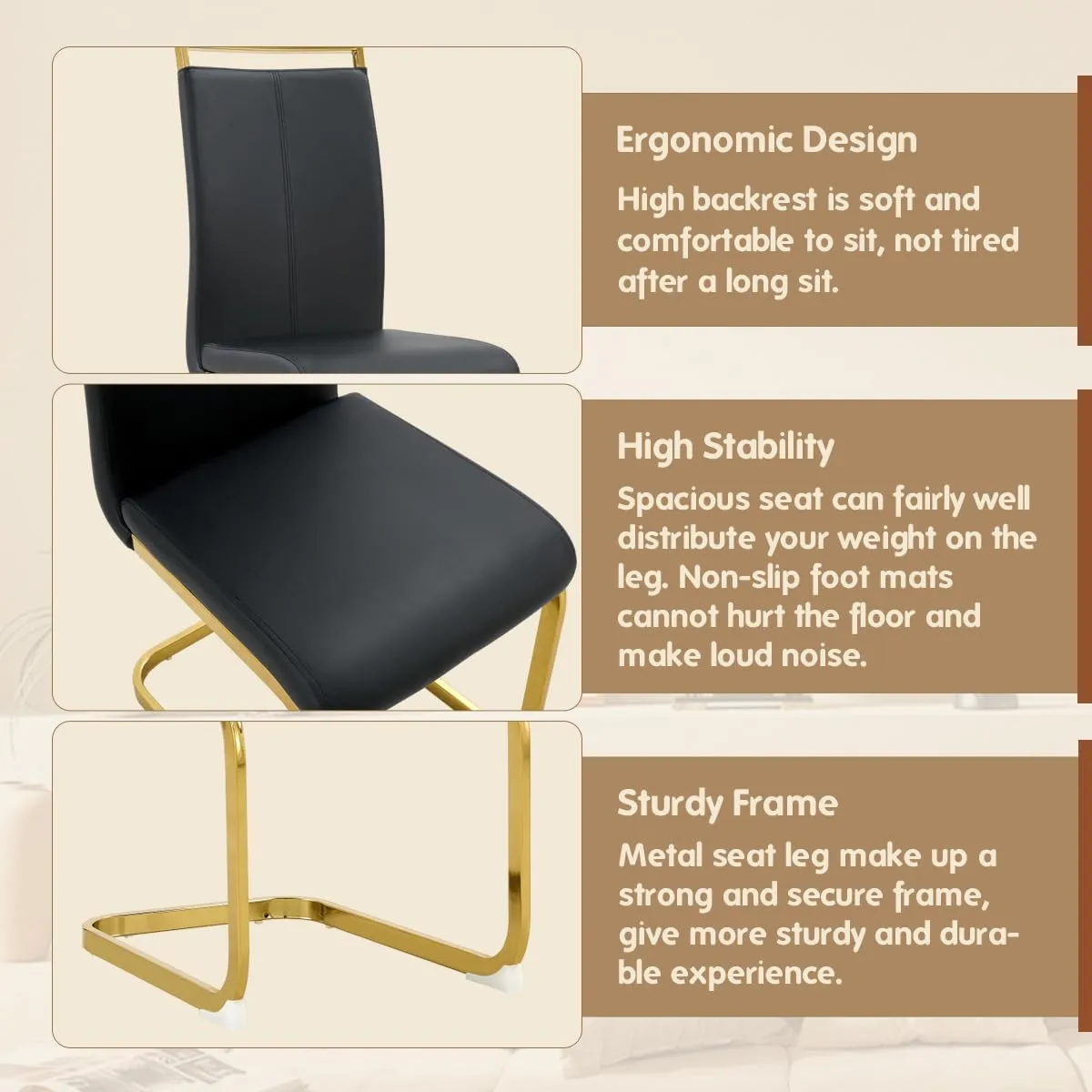 5-Piece Dining Table Set for 4, Round Glass Dining Table Set for 4, Tempered Glass Table Top&4 Chairs with Faux Leather Padded Seat High Back and Sturdy Electroplated Gold Legs.