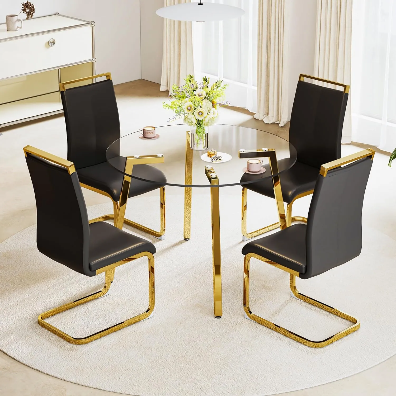 5-Piece Dining Table Set for 4, Round Glass Dining Table Set for 4, Tempered Glass Table Top&4 Chairs with Faux Leather Padded Seat High Back and Sturdy Electroplated Gold Legs.