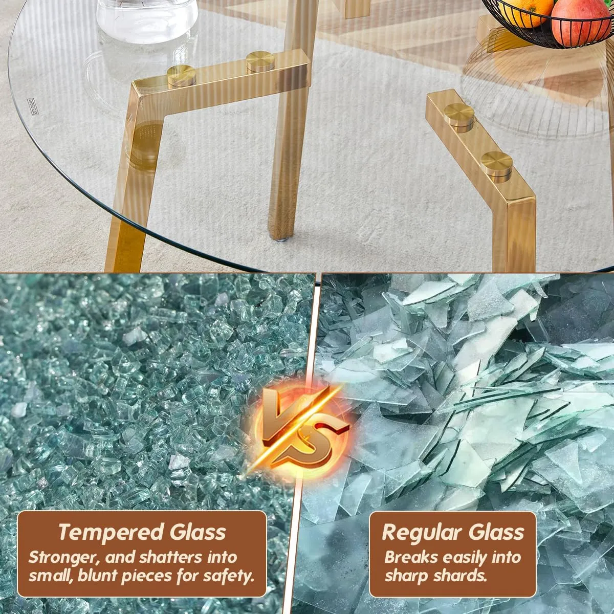 5-Piece Dining Table Set for 4, Round Glass Dining Table Set for 4, Tempered Glass Table Top&4 Chairs with Faux Leather Padded Seat High Back and Sturdy Electroplated Gold Legs.