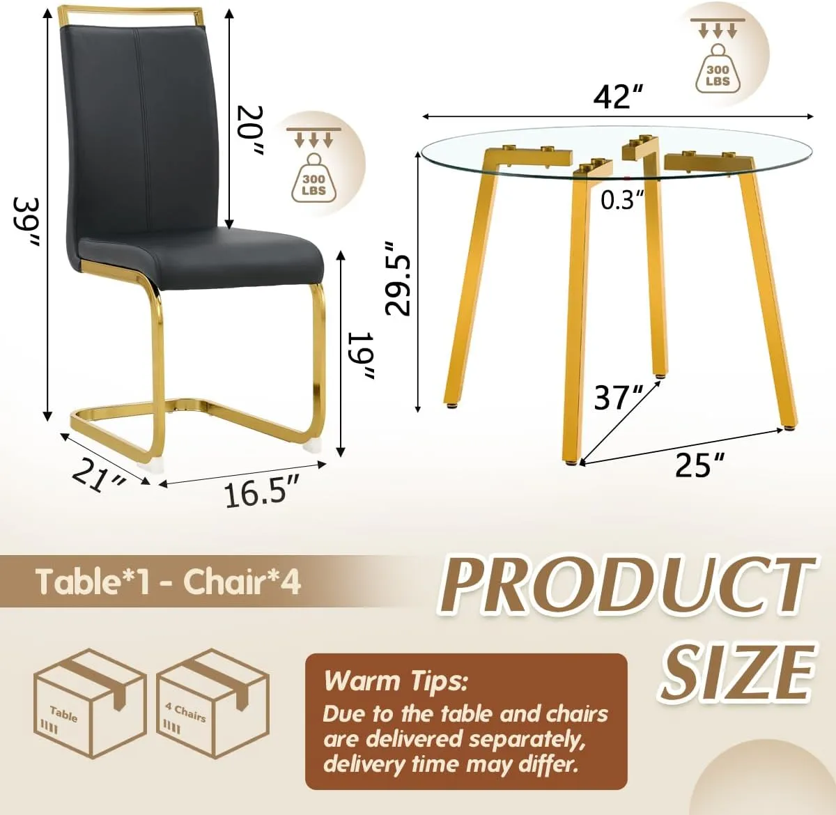 5-Piece Dining Table Set for 4, Round Glass Dining Table Set for 4, Tempered Glass Table Top&4 Chairs with Faux Leather Padded Seat High Back and Sturdy Electroplated Gold Legs.