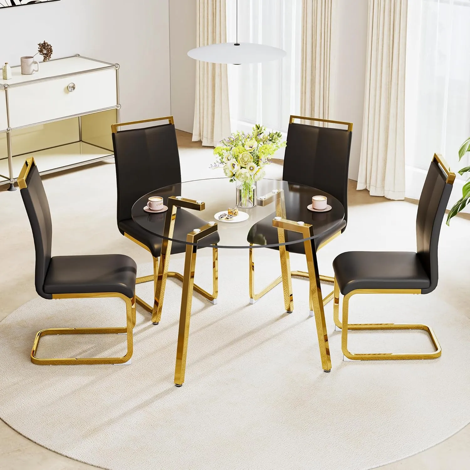 5-Piece Dining Table Set for 4, Round Glass Dining Table Set for 4, Tempered Glass Table Top&4 Chairs with Faux Leather Padded Seat High Back and Sturdy Electroplated Gold Legs.