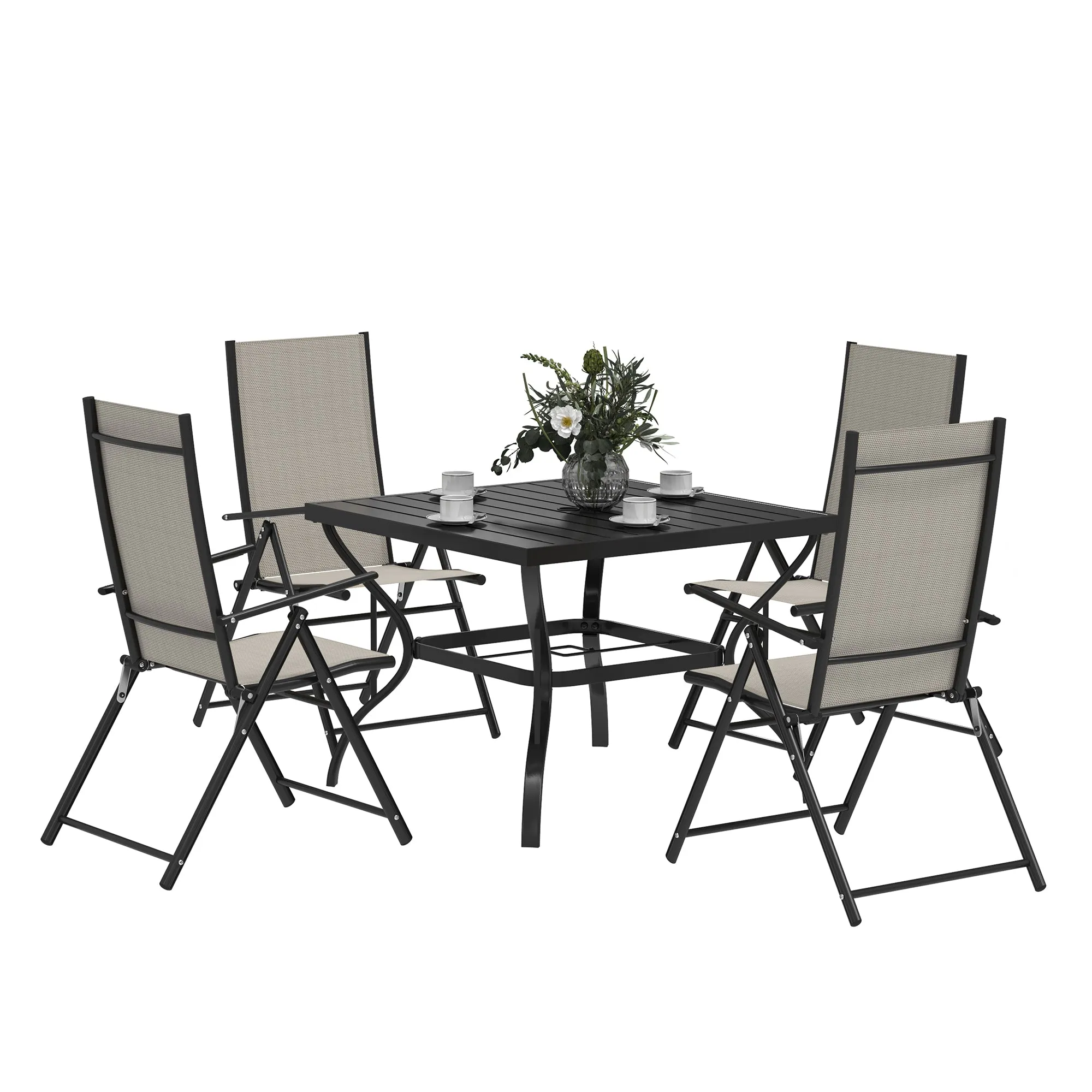 5 Pieces Garden Dining Set, 4 Seater Garden Furniture Set with Parasol Hole, Outdoor Dining Set with High Back Folding Chairs and Square Metal Top Table for Outdoor Patio, Khaki