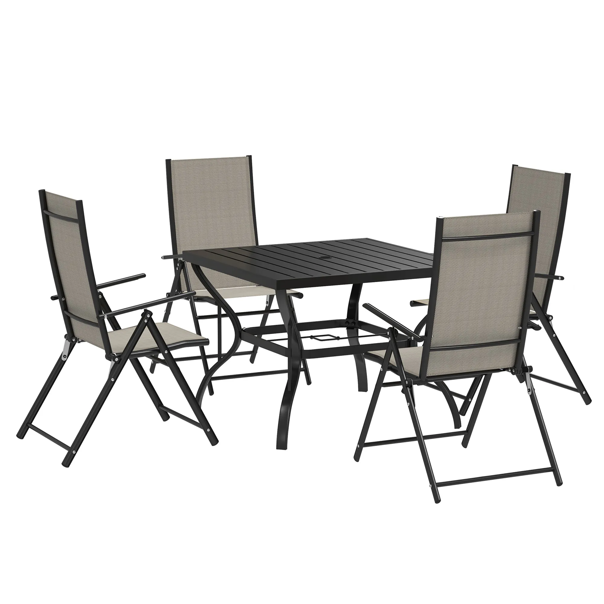 5 Pieces Garden Dining Set, 4 Seater Garden Furniture Set with Parasol Hole, Outdoor Dining Set with High Back Folding Chairs and Square Metal Top Table for Outdoor Patio, Khaki