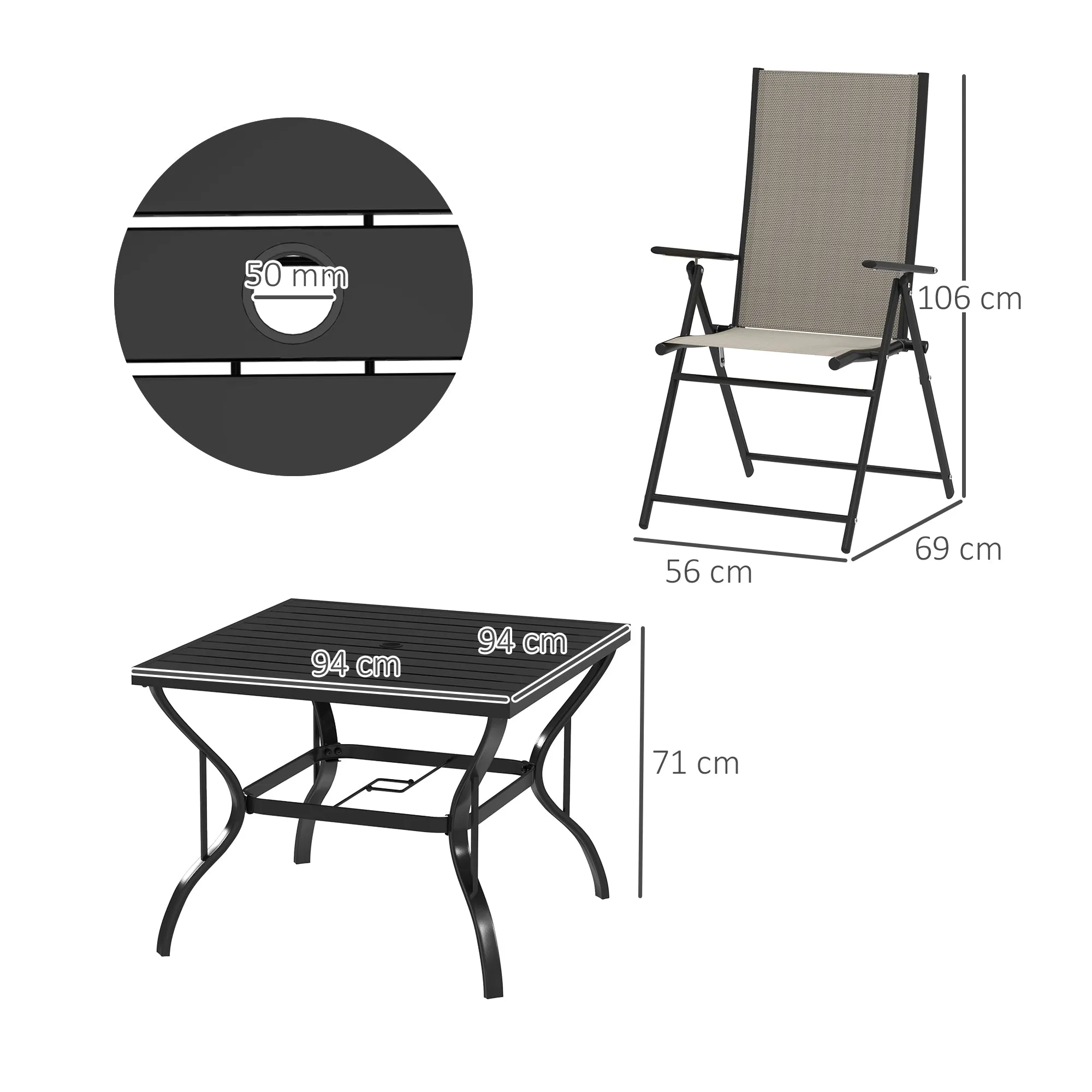 5 Pieces Garden Dining Set, 4 Seater Garden Furniture Set with Parasol Hole, Outdoor Dining Set with High Back Folding Chairs and Square Metal Top Table for Outdoor Patio, Khaki