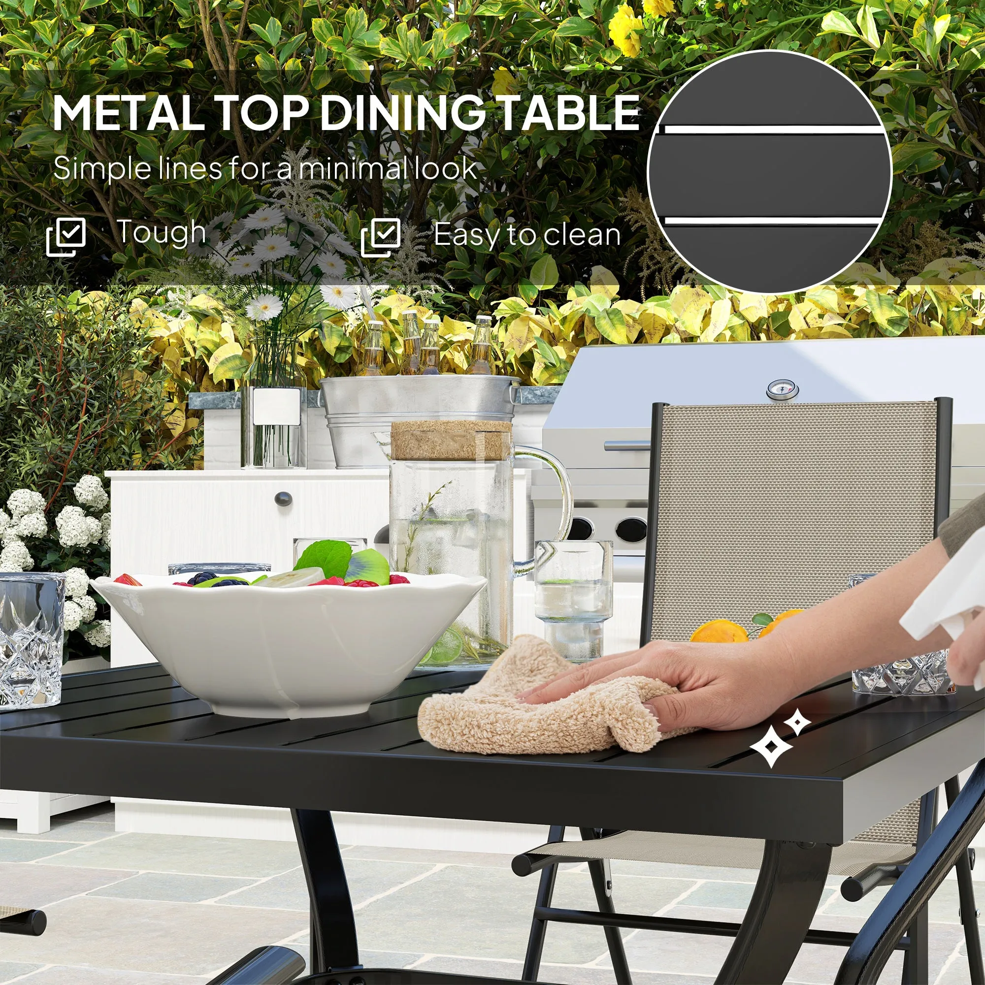 5 Pieces Garden Dining Set, 4 Seater Garden Furniture Set with Parasol Hole, Outdoor Dining Set with High Back Folding Chairs and Square Metal Top Table for Outdoor Patio, Khaki