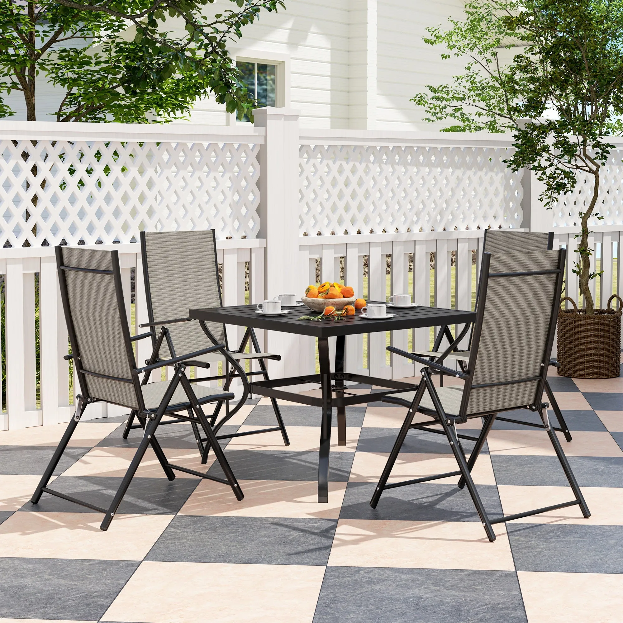 5 Pieces Garden Dining Set, 4 Seater Garden Furniture Set with Parasol Hole, Outdoor Dining Set with High Back Folding Chairs and Square Metal Top Table for Outdoor Patio, Khaki