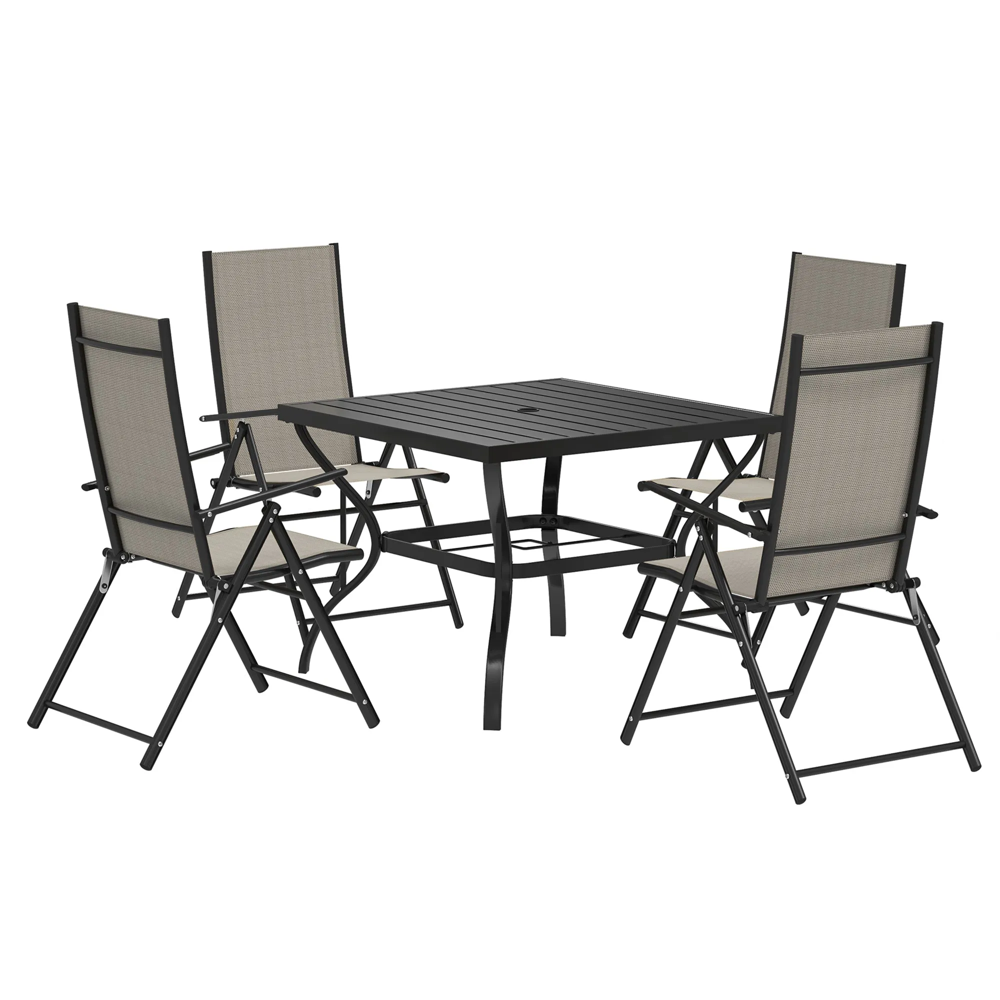 5 Pieces Garden Dining Set, 4 Seater Garden Furniture Set with Parasol Hole, Outdoor Dining Set with High Back Folding Chairs and Square Metal Top Table for Outdoor Patio, Khaki