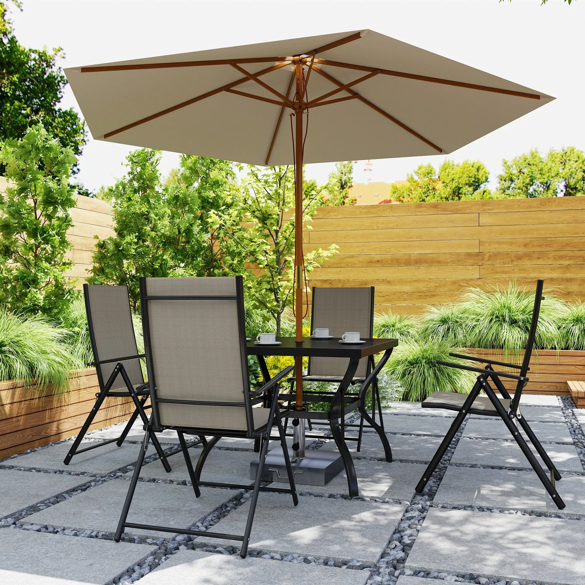5 Pieces Garden Dining Set, 4 Seater Garden Furniture Set with Parasol Hole, Outdoor Dining Set with High Back Folding Chairs and Square Metal Top Table for Outdoor Patio, Khaki