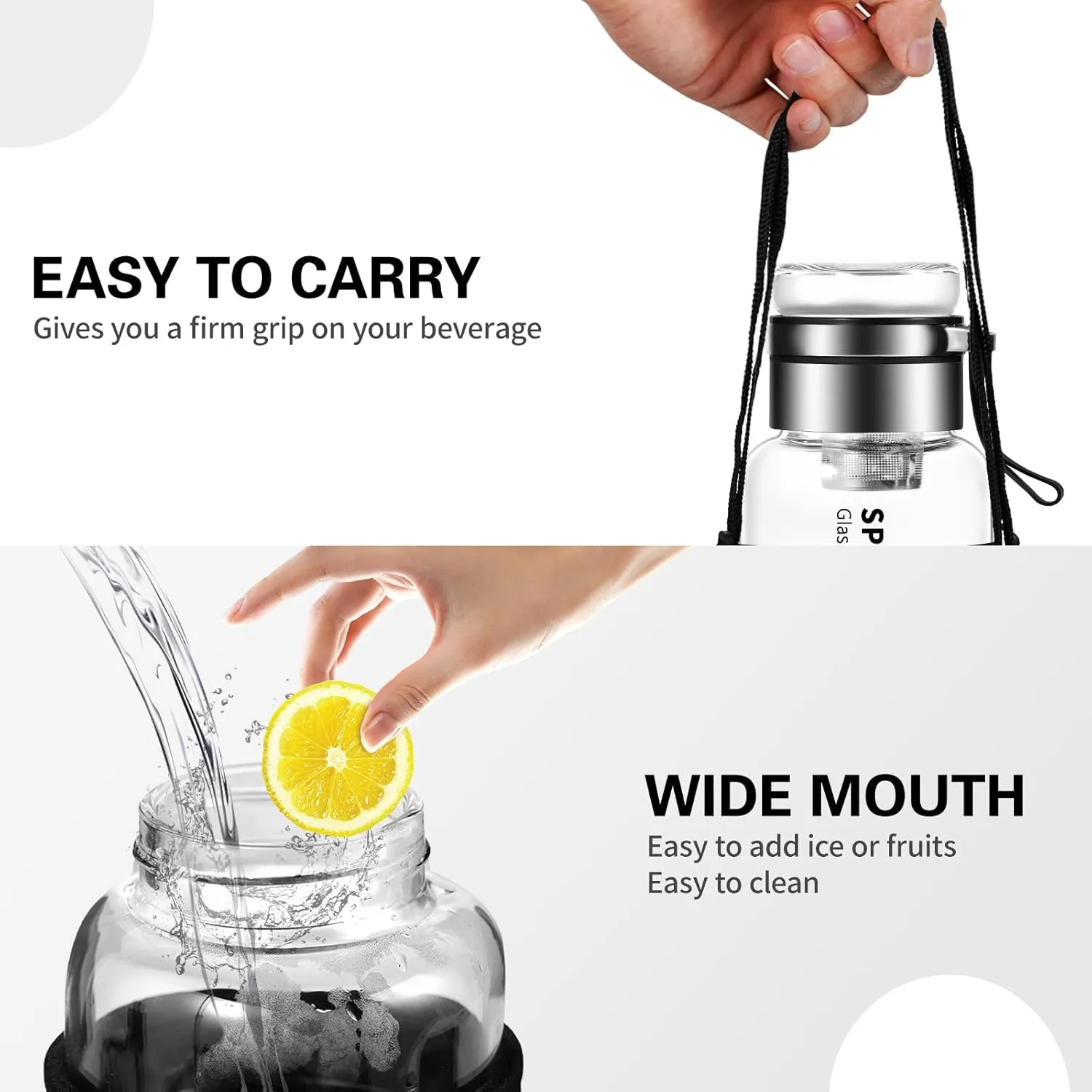 50 oz Glass Water Bottles - Large, Clear, Borosilicate Glass Water Bottle with Stainless Tea Infuser - Cup-Function Lid, Neoprene Sleeve, Strap - Wide Mouth BPA free, for Tea, Beverages, Juice