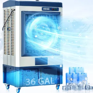 58-Inch Swamp Cooler, 8979CFM Industry Evaporative Cooler, 3 Speeds, 120° Swing, 36 Gal Water Tank, 5 Ice Packs,Outdoor Evaporative Air Cooler for Patio, Yard, Porch, Factory