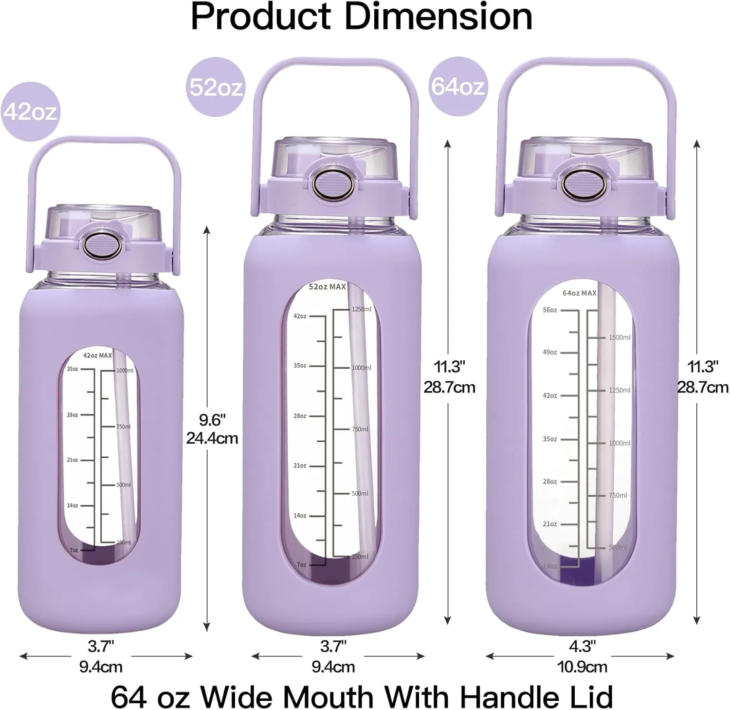 64oz Glass Water Bolttles with Straw Half Gallon Large Motivational Water Bottle with Time Marker Sports Water Bottles with Silicone Sleeve and Handle Lid Water Jug for Gym Workout