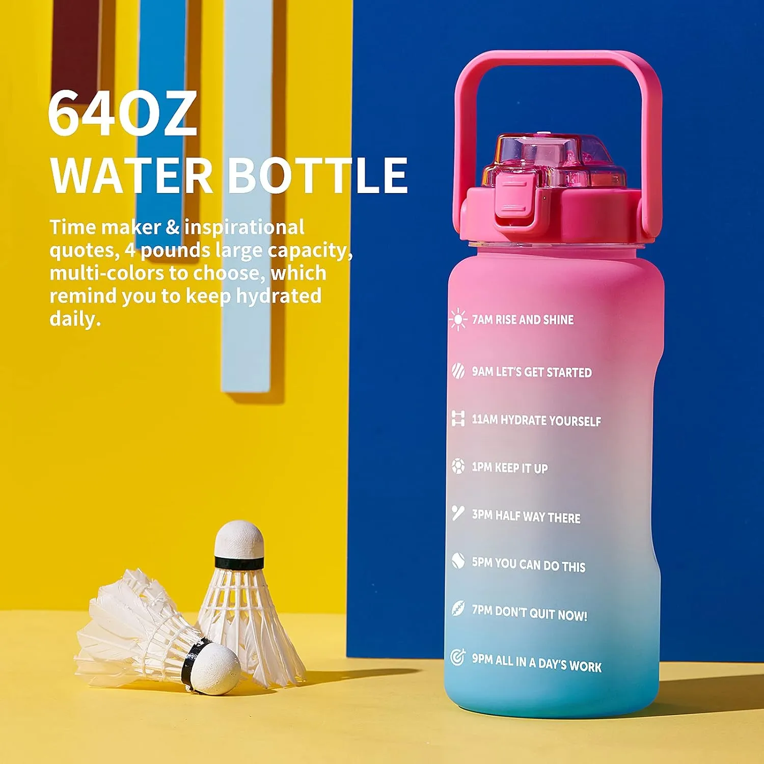 64oz,100oz,128oz Large Motivational Water Bottle with Time Marker, Leakproof & BPA Free Half Gallon Big Water Bottle with Straw Handle Tritan Frosted Water Jug for Gym,Fitness,Outdoor Sports