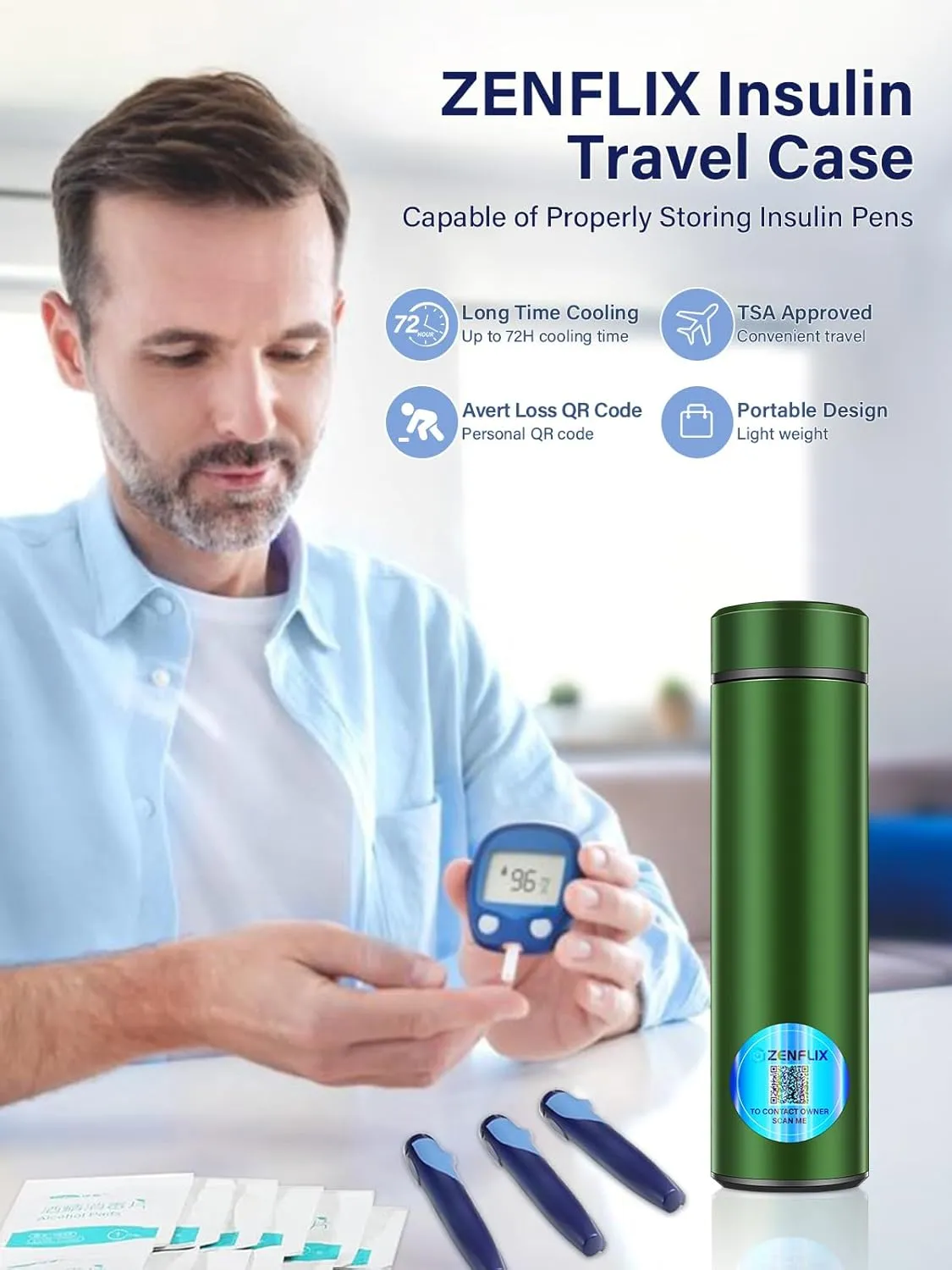 72H Diabetic Insulin cooler travel case With TSA Approved 1-3 Refrigerated Insulin Pen Cooler Keep Medicine Cool While Traveling Carry Avoiding Loss QR & 2 Freezing Bottles (Green)