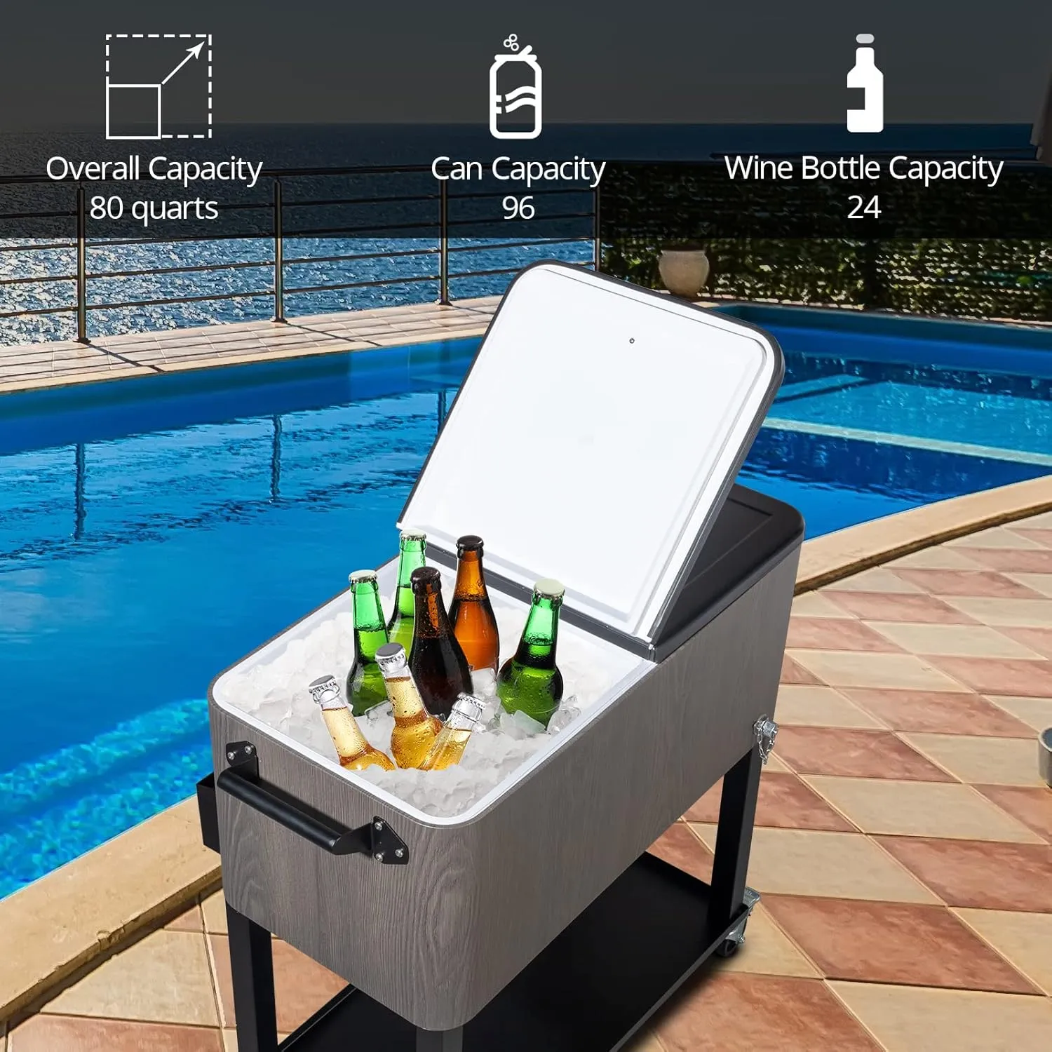 80 Quart Rolling Cooler Cart with Shelf and Bottle Opener for Patio Party