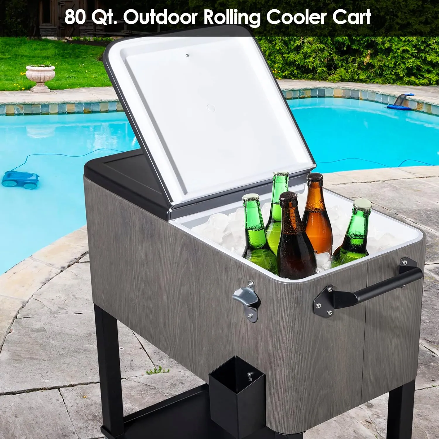 80 Quart Rolling Cooler Cart with Shelf and Bottle Opener for Patio Party
