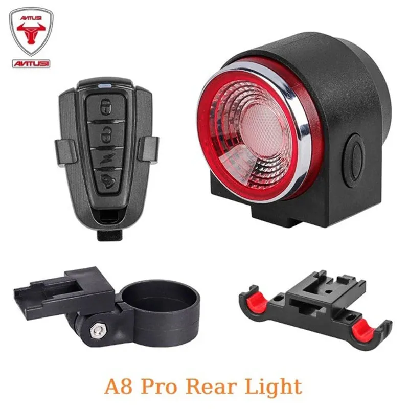 A8 Pro Bicycle Rear Lamp with Braking Light, Burglary Alarm, Remote Control, USB Rechargeable LED Lantern, Bike Finder, and Horn Bell