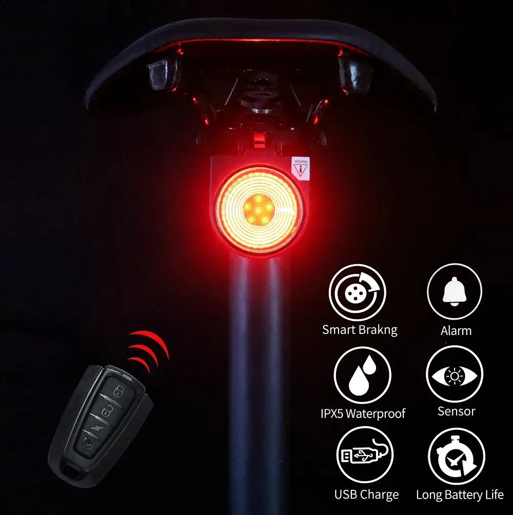 A8 Pro Bicycle Rear Lamp with Braking Light, Burglary Alarm, Remote Control, USB Rechargeable LED Lantern, Bike Finder, and Horn Bell