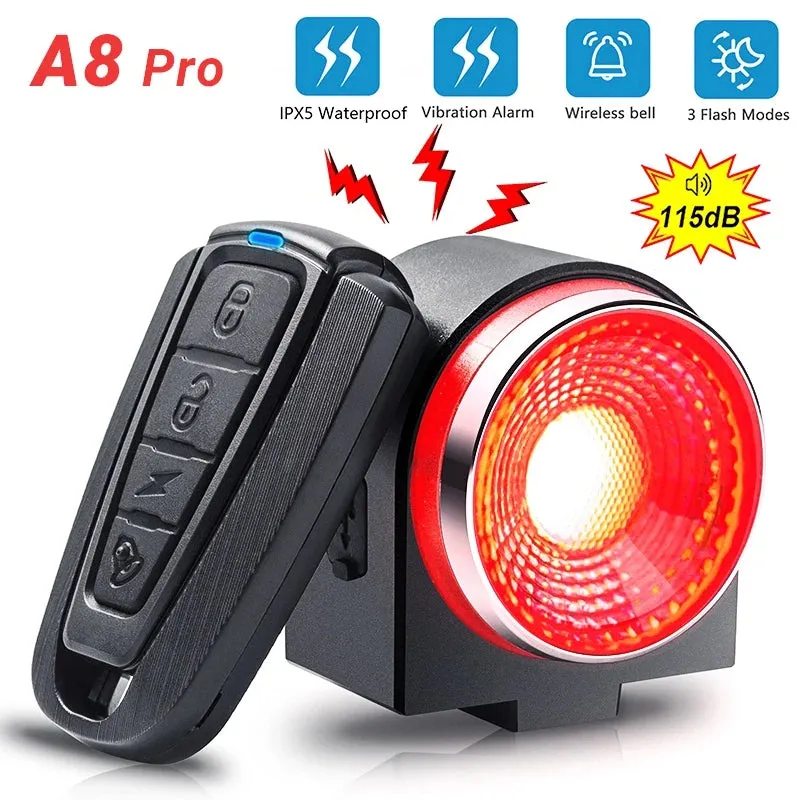 A8 Pro Bicycle Rear Lamp with Braking Light, Burglary Alarm, Remote Control, USB Rechargeable LED Lantern, Bike Finder, and Horn Bell