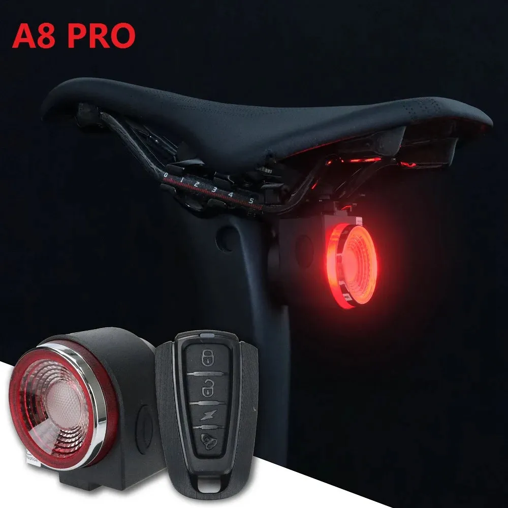 A8 Pro Bicycle Rear Lamp with Braking Light, Burglary Alarm, Remote Control, USB Rechargeable LED Lantern, Bike Finder, and Horn Bell