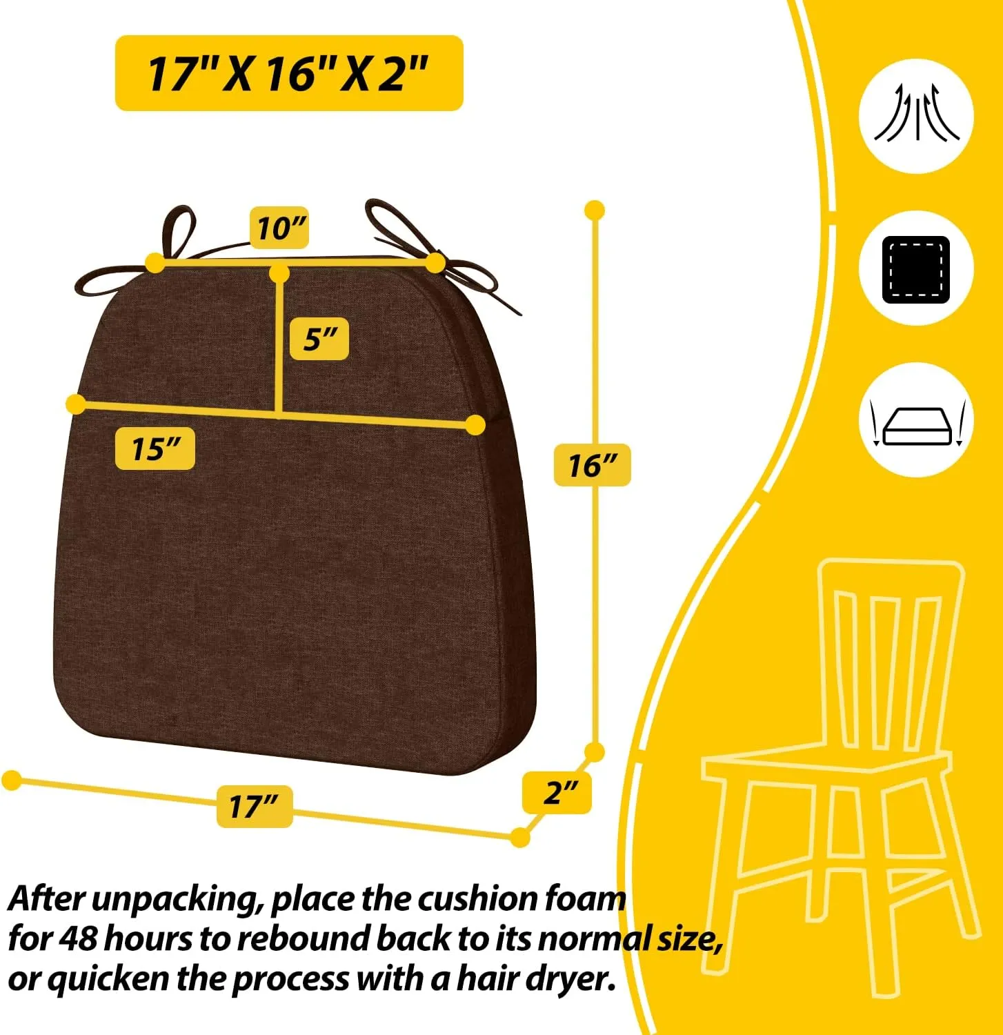 AAAAAcessories D-Shaped Chair Cushions, 2" Thick Dining Chair Pads with Ties and Removable, Machine-Washable Cover, 17" x 16", Brown
