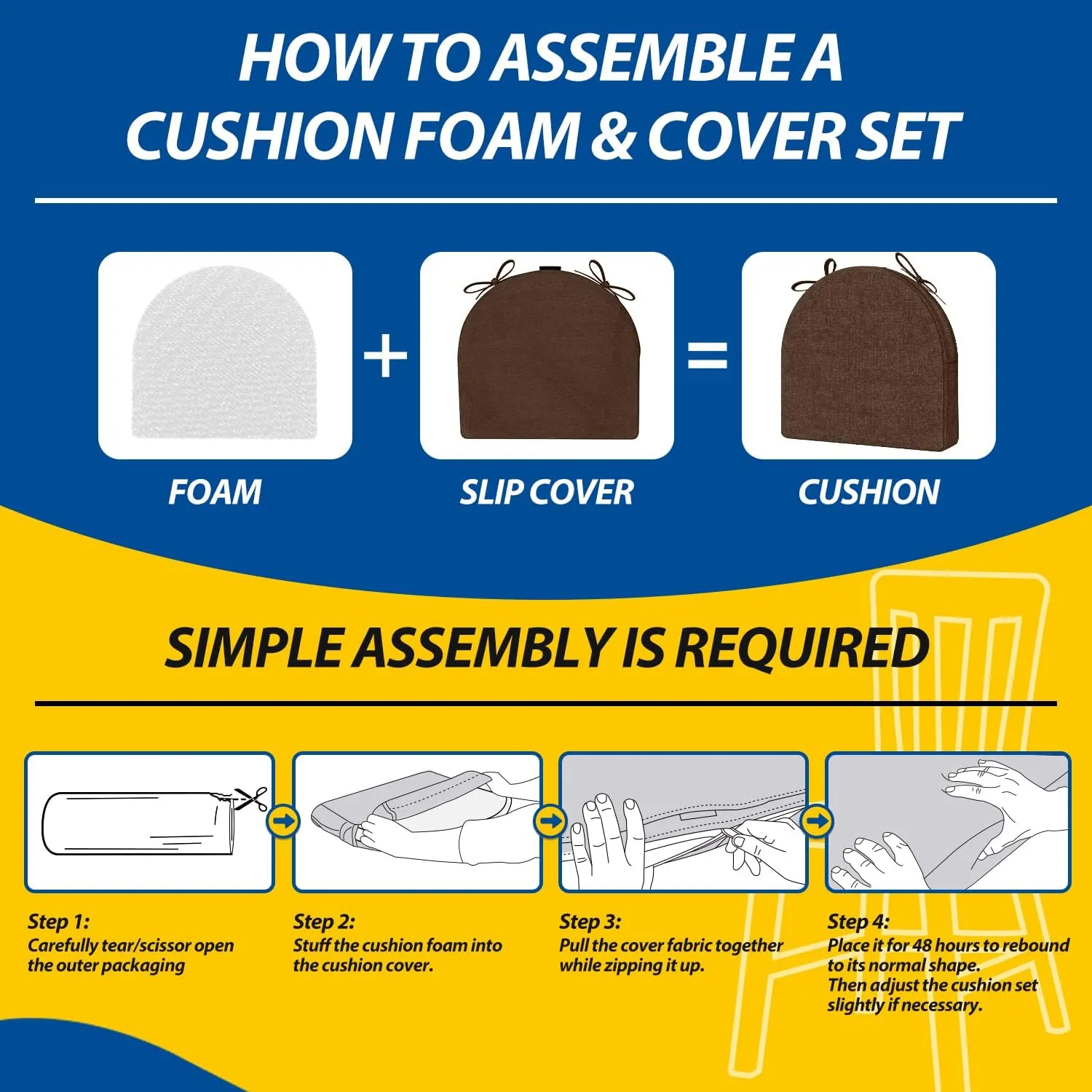 AAAAAcessories D-Shaped Chair Cushions, 2" Thick Dining Chair Pads with Ties and Removable, Machine-Washable Cover, 17" x 16", Brown