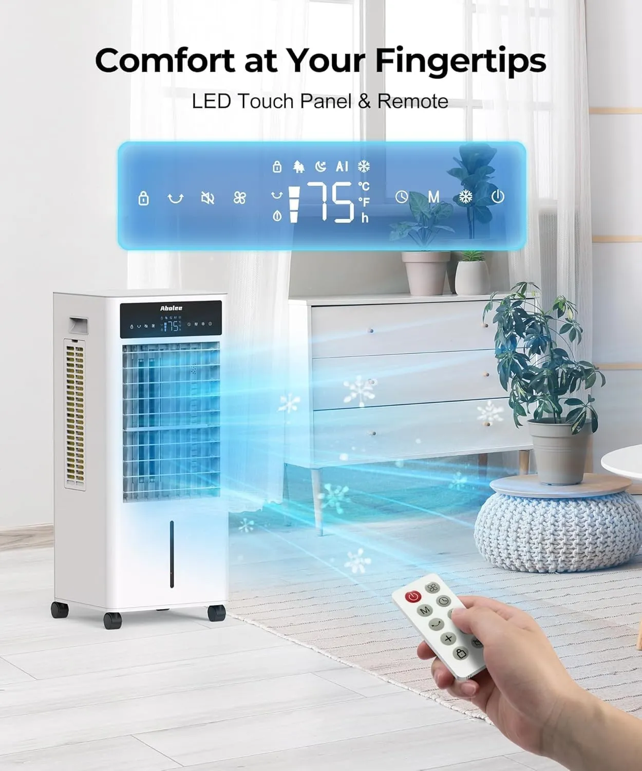 Abolee Evaporative Air Cooler, Portable Evaporative Air Cooler for Bedroom, 2.4Gal Tank with Fan & Humidifier, Remote, 4 Ice Packs, 3 Speeds, 4 modes, 12H Timer, for Room Indoors