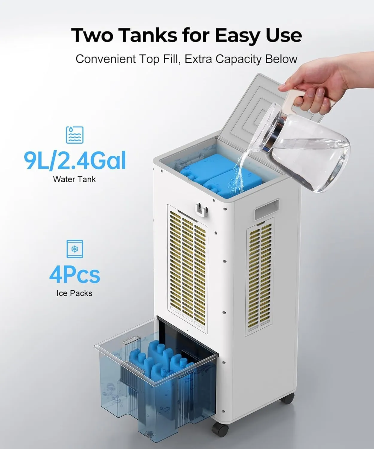 Abolee Evaporative Air Cooler, Portable Evaporative Air Cooler for Bedroom, 2.4Gal Tank with Fan & Humidifier, Remote, 4 Ice Packs, 3 Speeds, 4 modes, 12H Timer, for Room Indoors