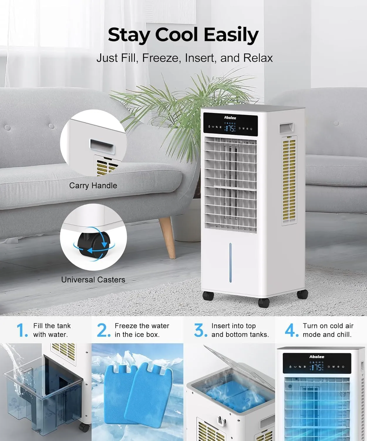 Abolee Evaporative Air Cooler, Portable Evaporative Air Cooler for Bedroom, 2.4Gal Tank with Fan & Humidifier, Remote, 4 Ice Packs, 3 Speeds, 4 modes, 12H Timer, for Room Indoors