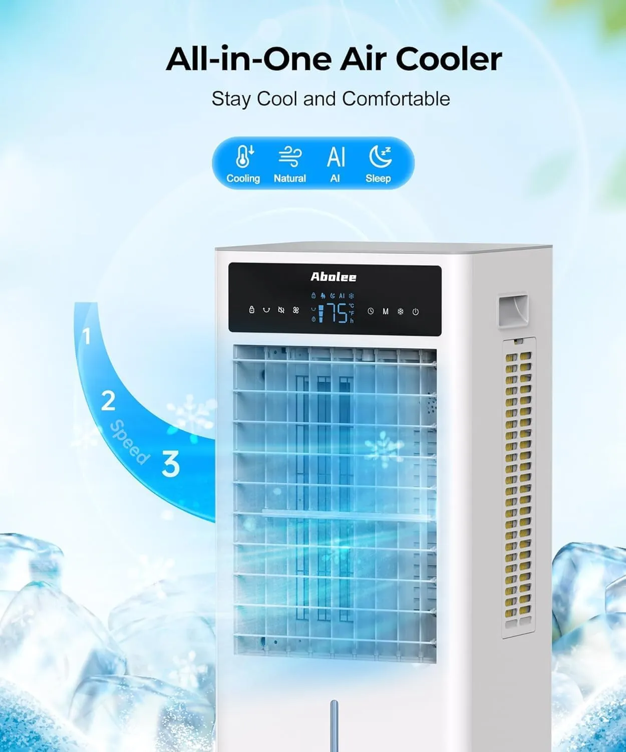 Abolee Evaporative Air Cooler, Portable Evaporative Air Cooler for Bedroom, 2.4Gal Tank with Fan & Humidifier, Remote, 4 Ice Packs, 3 Speeds, 4 modes, 12H Timer, for Room Indoors