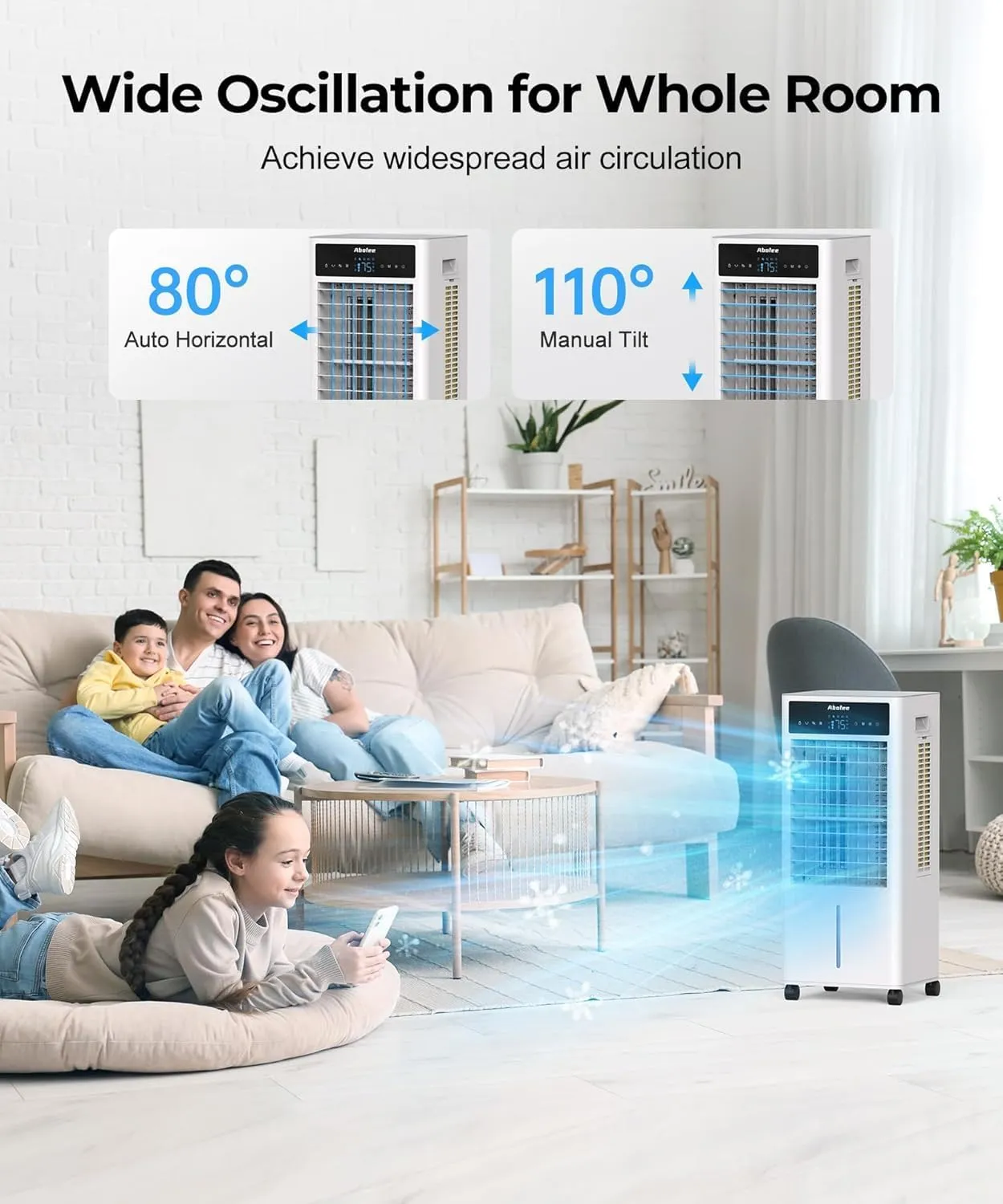 Abolee Evaporative Air Cooler, Portable Evaporative Air Cooler for Bedroom, 2.4Gal Tank with Fan & Humidifier, Remote, 4 Ice Packs, 3 Speeds, 4 modes, 12H Timer, for Room Indoors