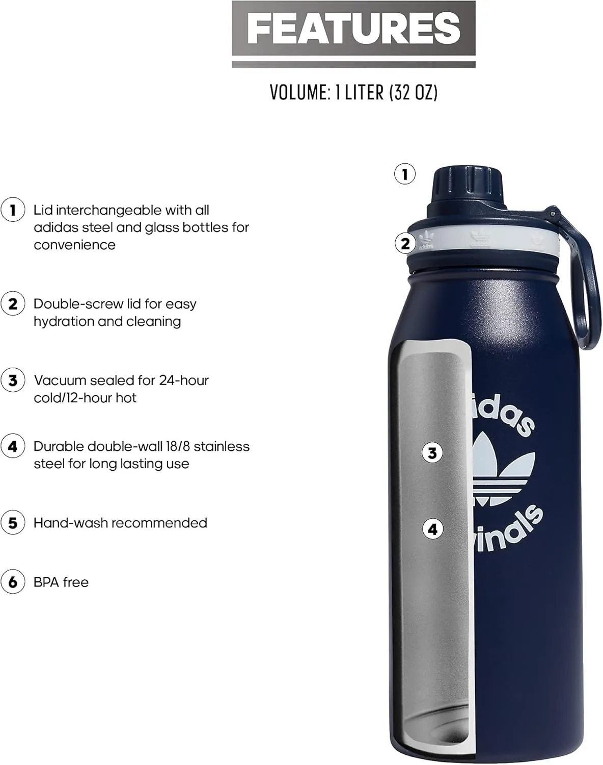adidas Originals 1 Liter (32 oz) Metal Water Bottle, Hot/Cold Double-Walled Insulated 18/8 Stainless Steel