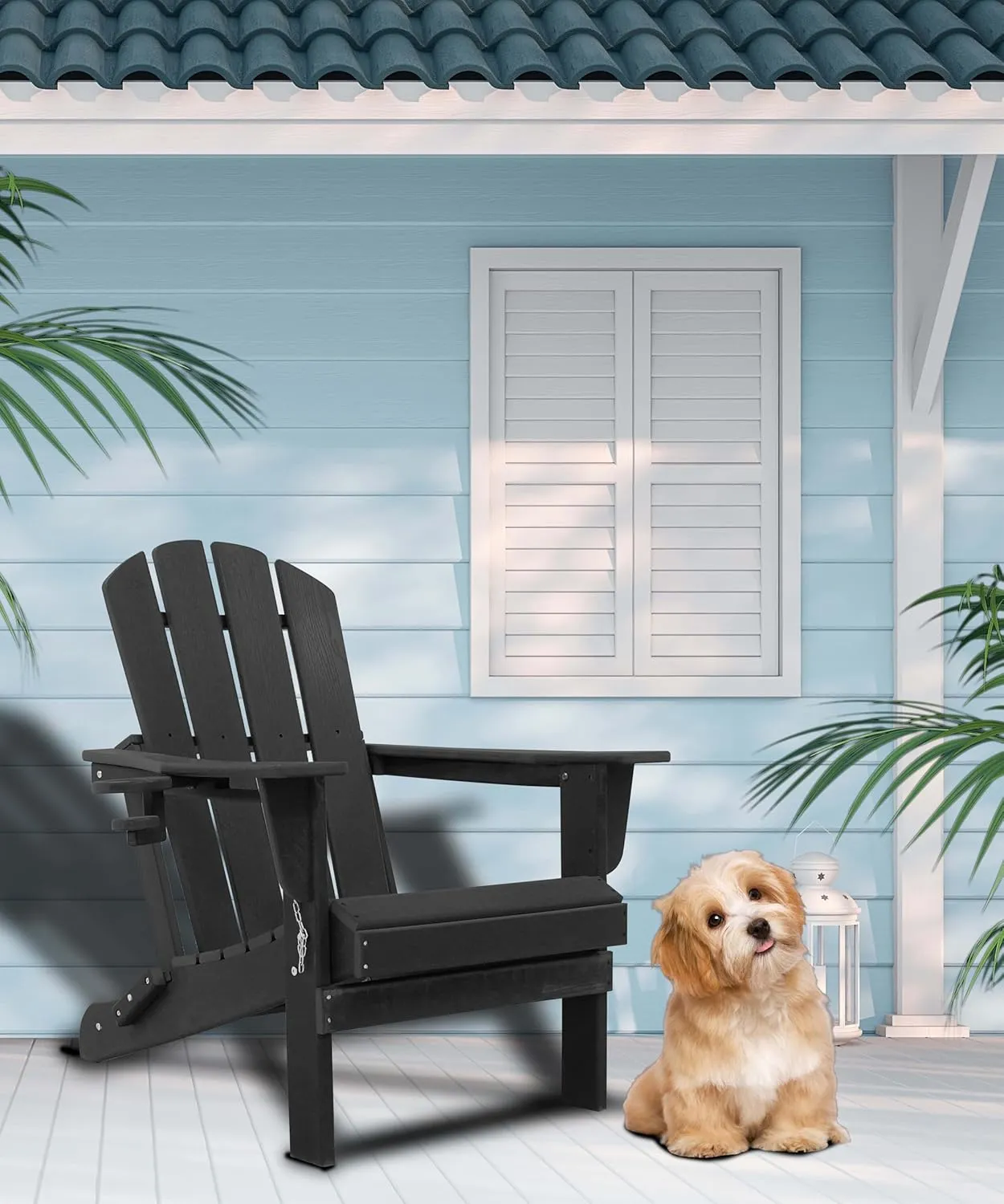 Adirondack Chairs, HDPE All-Weather Adirondack Chair, Fire Pit Chairs (Folding with Cup Holders, Black)