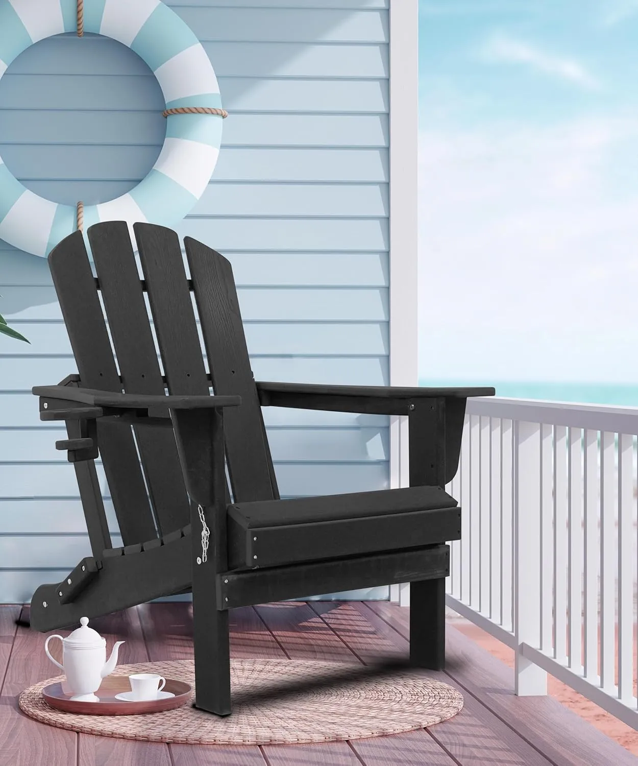 Adirondack Chairs, HDPE All-Weather Adirondack Chair, Fire Pit Chairs (Folding with Cup Holders, Black)
