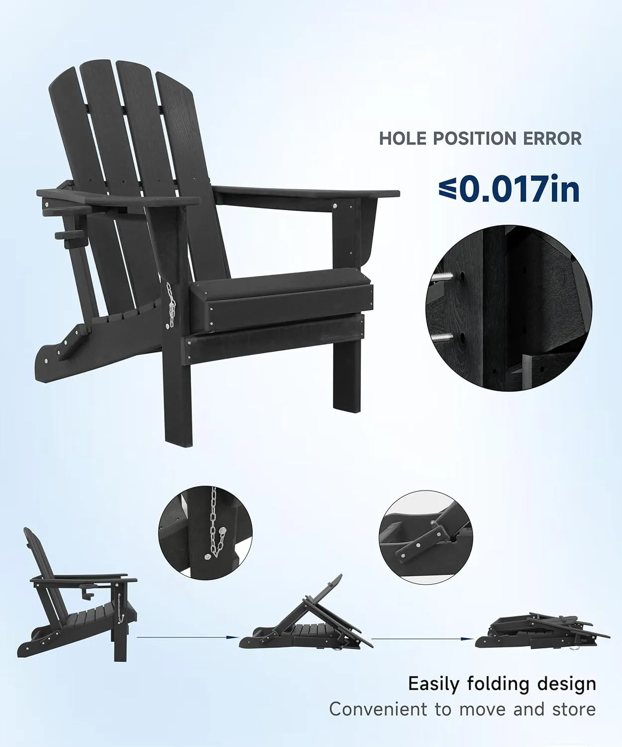 Adirondack Chairs, HDPE All-Weather Adirondack Chair, Fire Pit Chairs (Folding with Cup Holders, Black)
