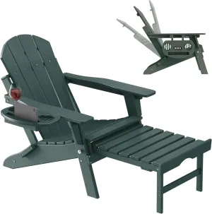 Adjustable Adirondack Chair with Retractable Ottoman, HDPE Folding Adirondack Chair with Cup Holder, All Weather Fire Pit Chair for Outdoor.